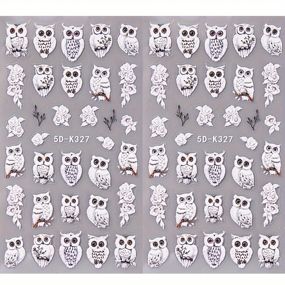Image of 2 Sheets Of 3d Owl And Rose Nail Stickers - 5d Embossed White Rose /summer Floral Nail Decals - Easy To Apply - 5d-k327
