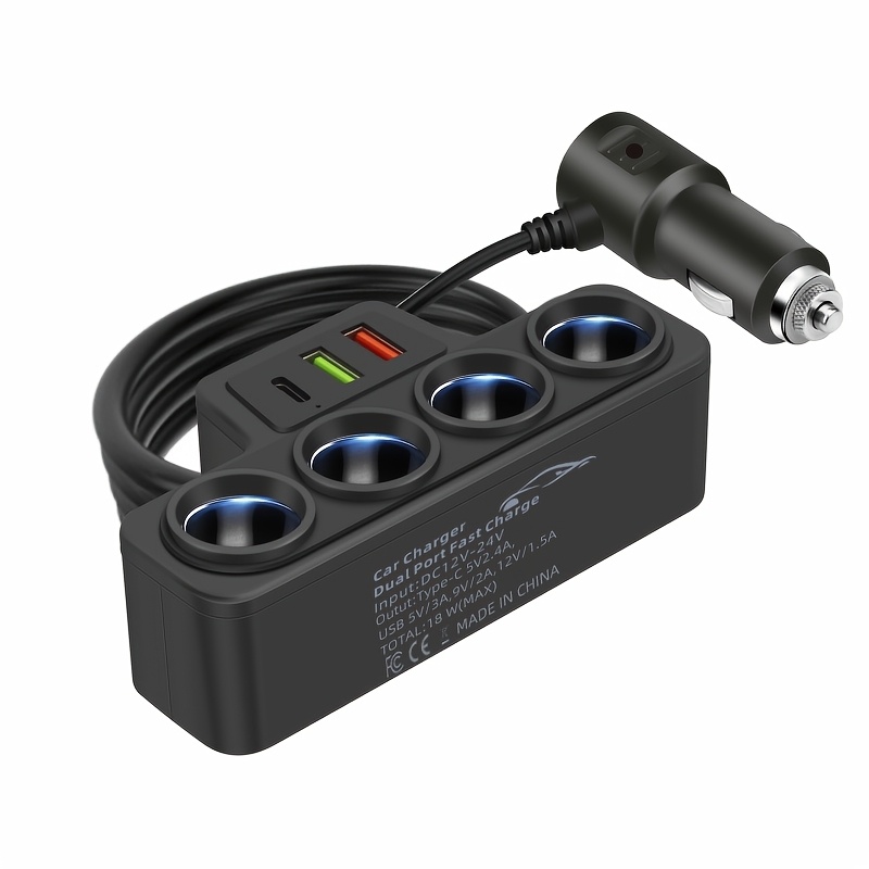 TEMU Gyioeupt 7-in-1 Car Charger Extendable To Rear Seats Features Type-c And Dual Usb Ports 4 Expansion Ports Wide Compatibility, Without Battery