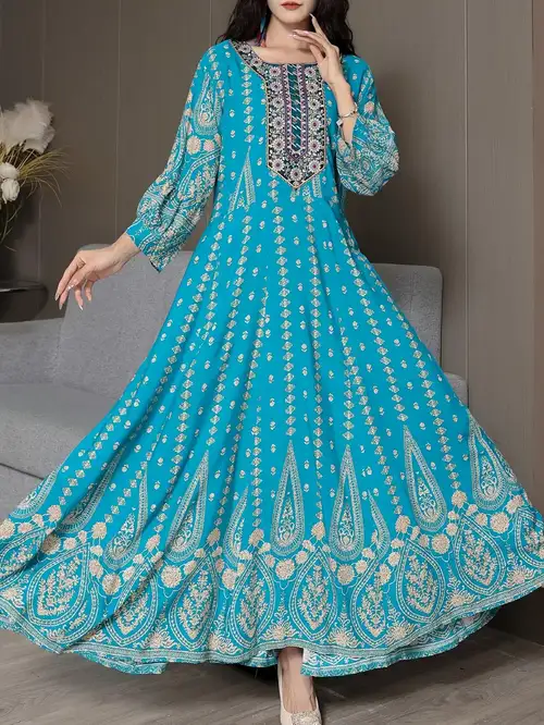 women's floral printed long sleeve mexican dress vintage crew neck ethnic style maxi dresses | Great Deals | Temu women's floral printed long sleeve mexican dress vintage crew neck ethnic style maxi dresses | Great Deals | Temu