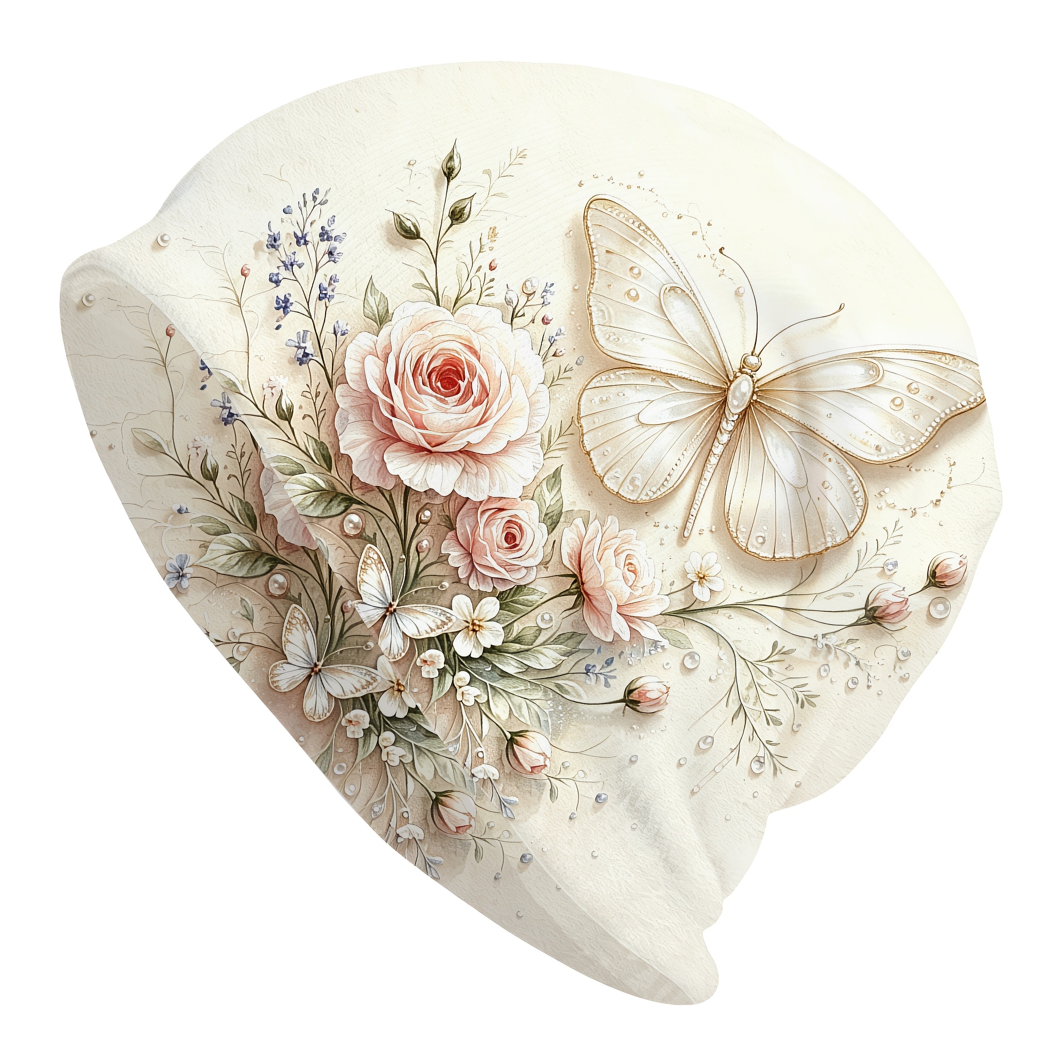 TEMU Bonnet à imprimé dessiné à , base crème, bordure perle, blanc transparent, papillon, rose, , petit feuillage, accent perle, chapeau floral de