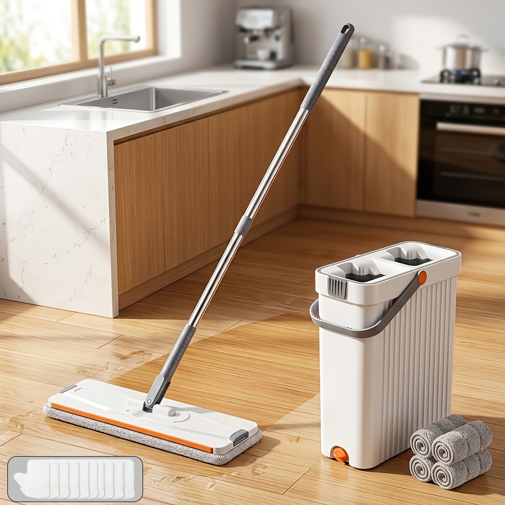 TEMU Home Mop And Bucket Set - With 4 Washable Microfiber Pads And 10pcs Gloves, Floor Wiper Set Mop, For All Floor Types And Windows, Wet And Dry