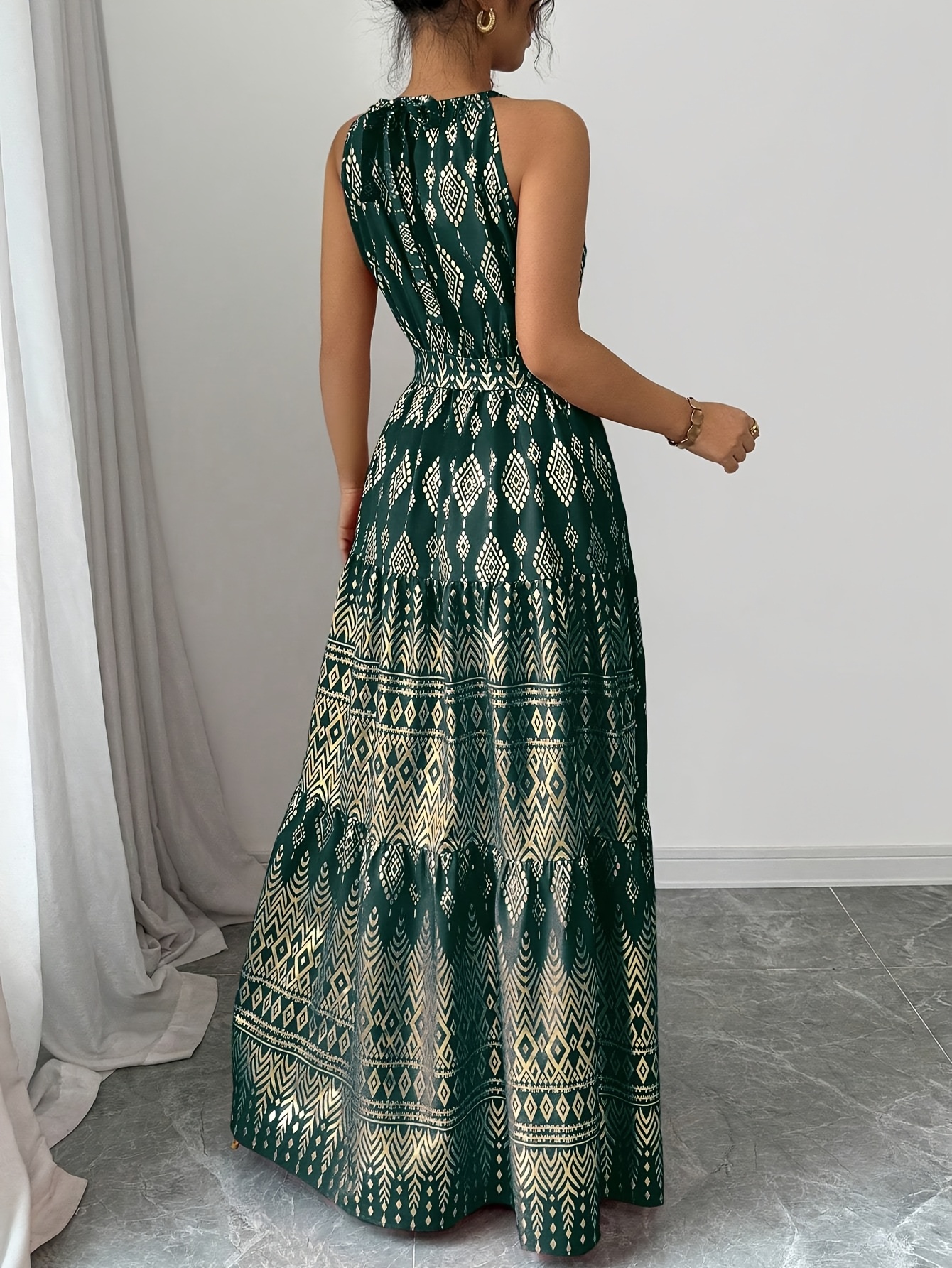 slim fit dress slacks Pista Green Geometric Cotton Tiered Maxi Dress main image 0