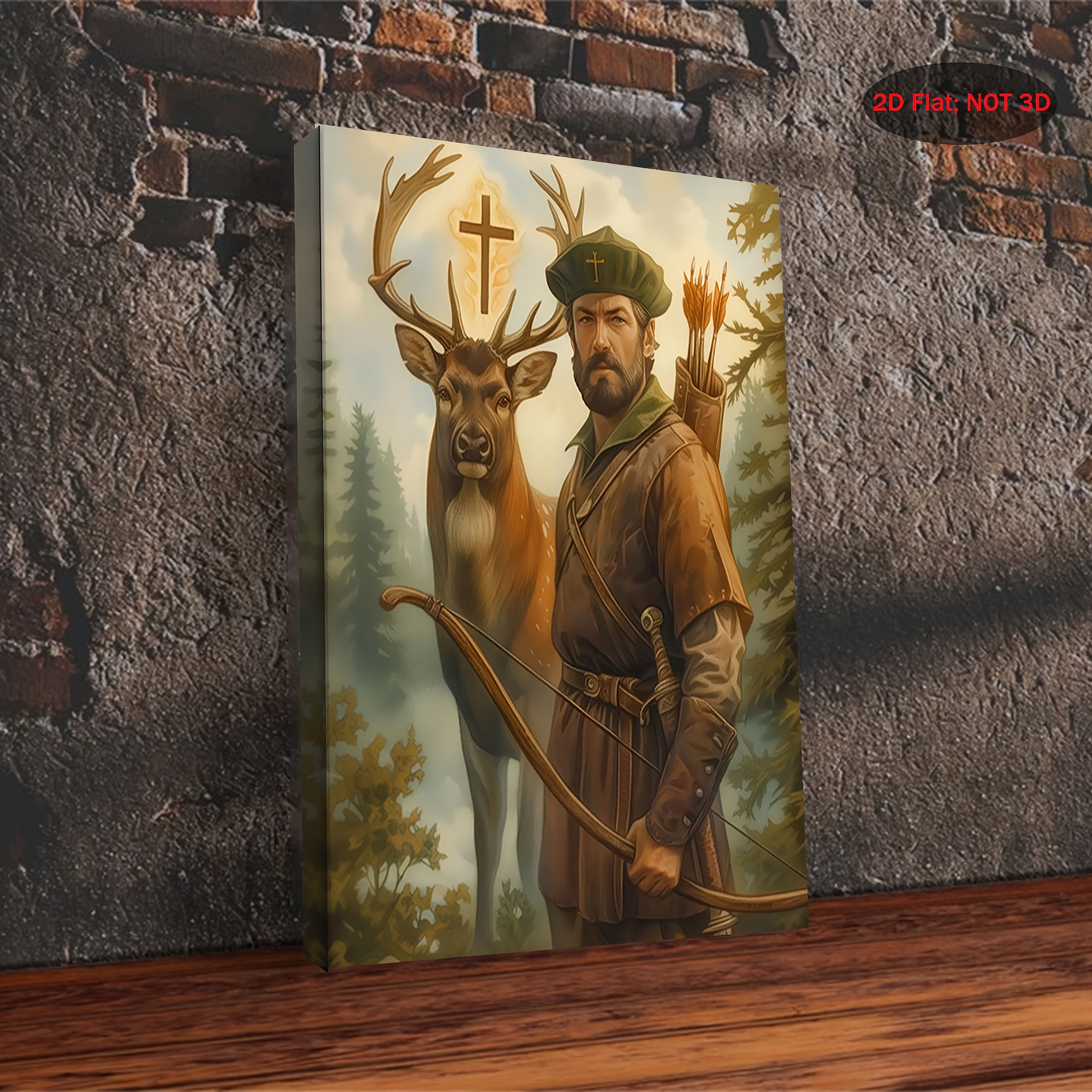 2D Flat, 1pc Saint     Hunters & Wildlife Wooden Framed Canvas Painting - Vintage Catholic Wall Art, 29.97x39.88 cm Rustic Deer & Cross Symbolism, Indoor Home Decor for Bedroom, Living Room, Kitchen, Bathroom - Perfect Birthday, Holiday, Housewarming Gift