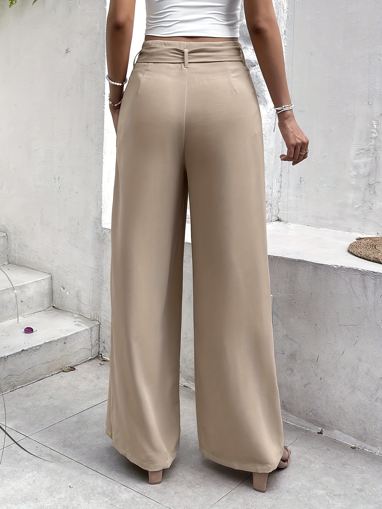 Women Elegant High Waist Pants Trendy Pearl Belt Peplums Wide Leg
