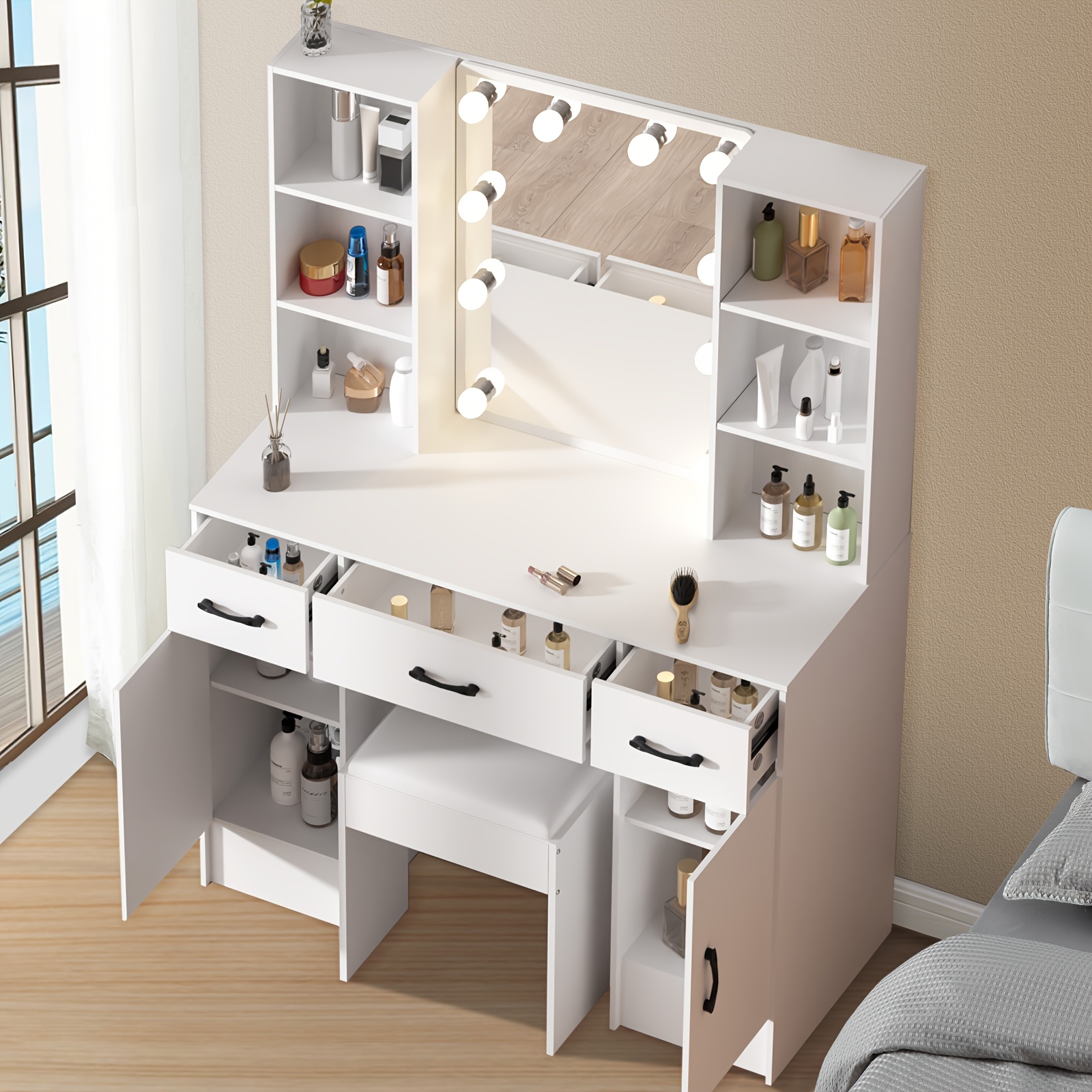 Makeup Vanity Desk With Lights, 3 Lighting Colors, White Vanity Set Makeup Table, Large Vanity With 3 Drawers, 2 Cabinets And Multiple Shelves, 39.37in