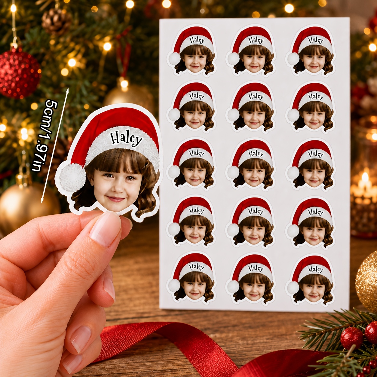 TEMU 2/15/30 piezas de pegatinas personalizadas con foto de gorro de Papá Noel, pegatinas navideñas con y rostro personalizados, pegatinas