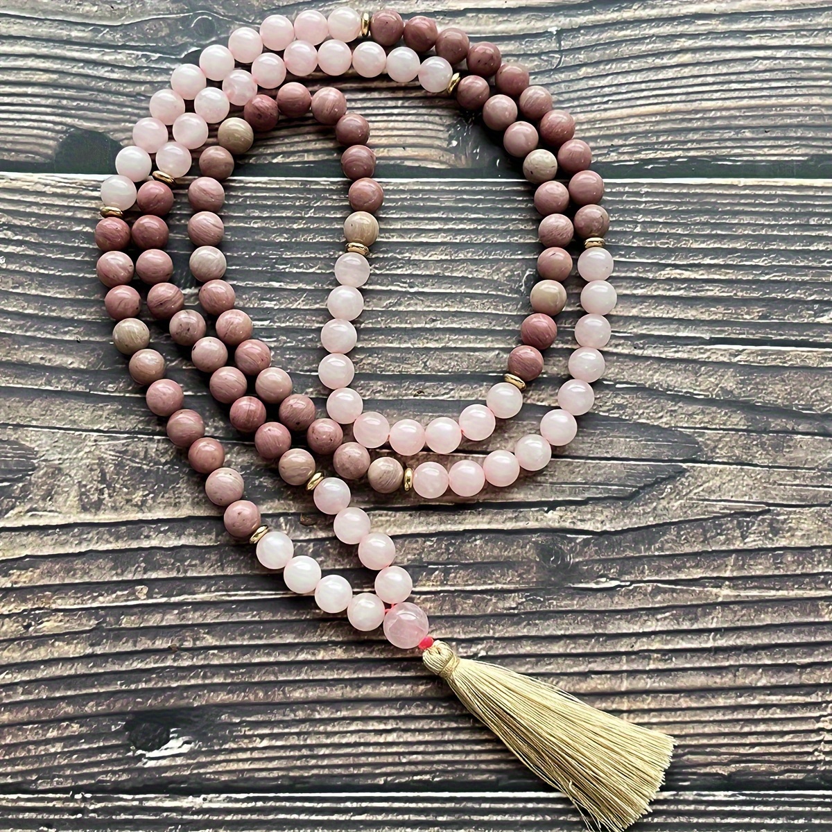 TEMU 108 Natural Gemstone Pendants Gorgeous Bohemian Style Necklace 8mm Rose Quartz, Round Gemstone Beads Handmade Tassel Pendant Necklace Mala Beads