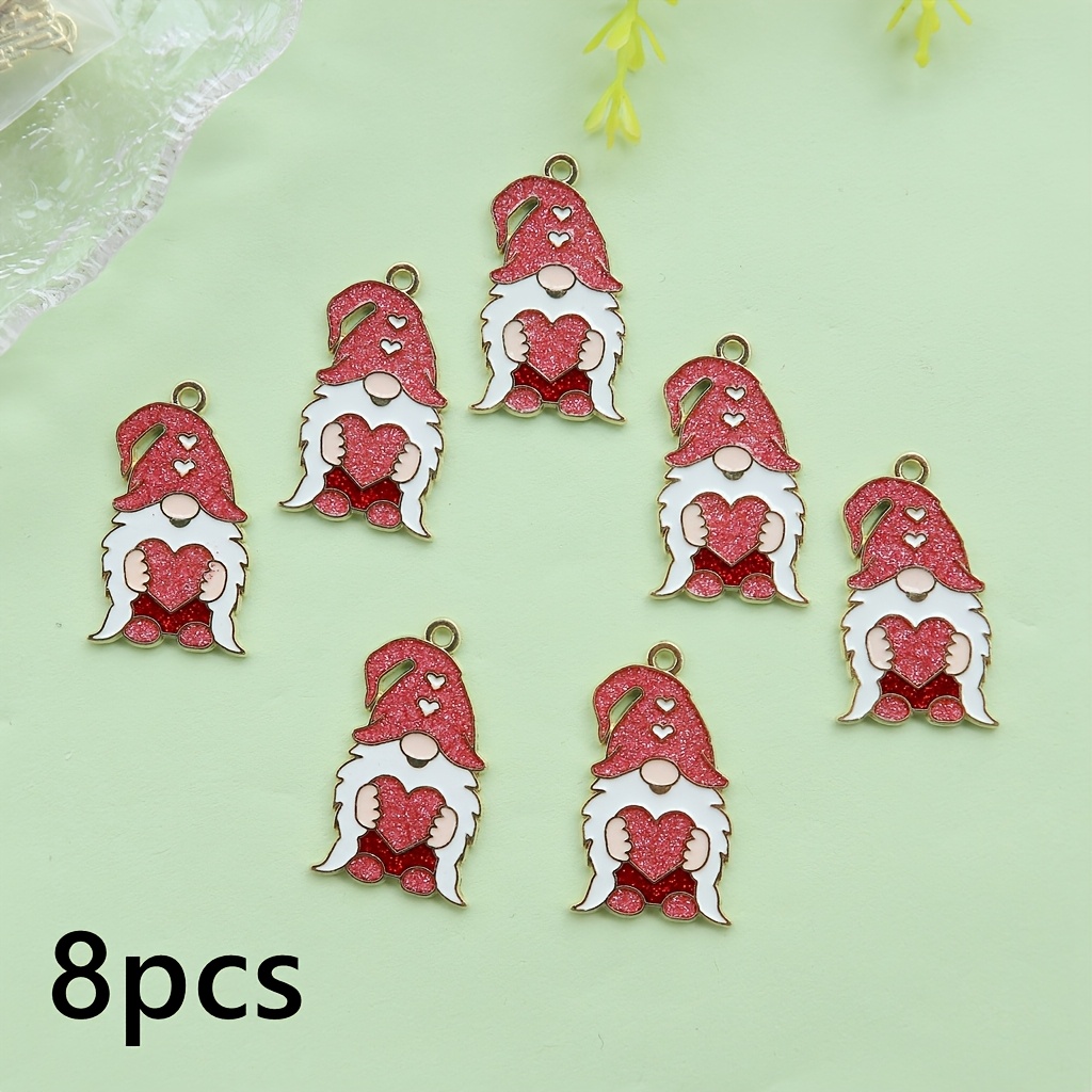 Image of Valentine's Day 8pcs Red Glitter Heart-holding Cartoon Gnome Alloy Charms Metal Pendants Jewelry Making Supplies For Bracelet Necklace Additions