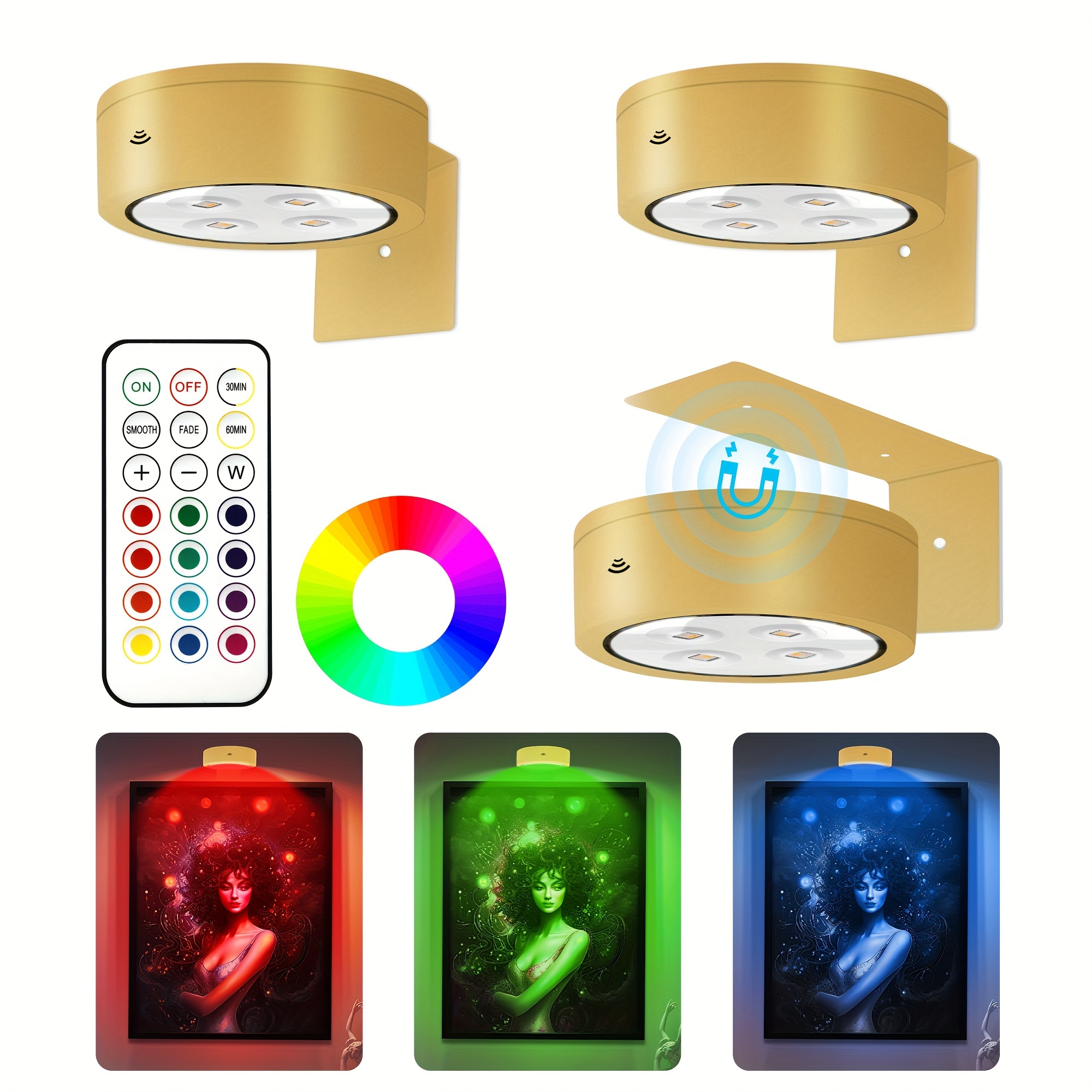 TEMU 12/6/3pcs Modern Rgb Color-changing Magnetic For Wall Suitable For Picture Frames, Wireless Battery- Puck Lights With Remote Control,