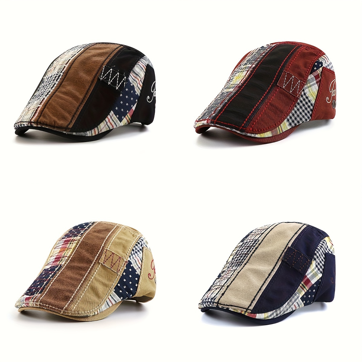 

1pc British Style Casual Beret Cap With Stitching Plaid Pattern