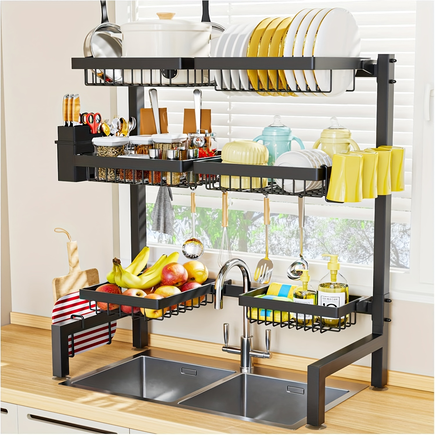 

Large 3-tier Adjustable Over-the-sink Dish Rack - Multifunctional Kitchen Storage Organizer, Black Metal Kitchen Cabinet Organizers And Storage Kitchen Rack
