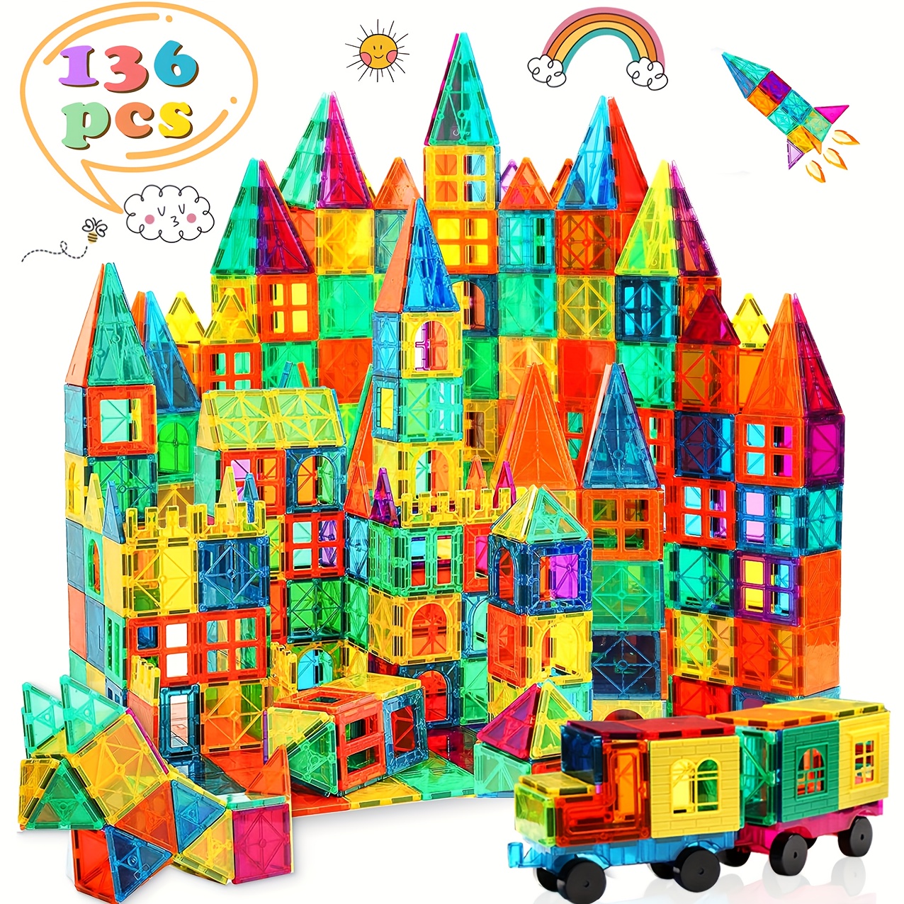 TEMU 136/106pcs Magnetic Blocks With 2 Cars, Magnetic Tiles Kids Toys, Magnet Tiles 3d Clear Building Blocks Set, Stem Sensory Educational Toys,