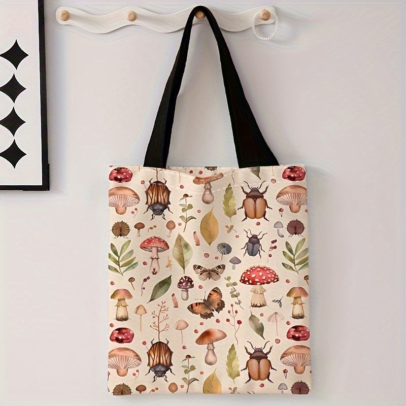 

Chic Double-sided Insect & Mushroom Print Tote Bag - Reusable, Multi-functional Canvas Shopping Bag With Letter Design