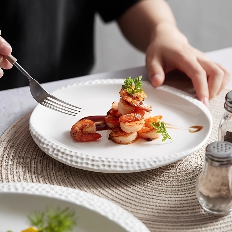 Hammered Edge Pure White Ceramic Dinner Plates, Nordic Ins Style Embossed Textured Plates, Multi-Size Flat Plates for Home, Steak Plates for Restaurant, Trendy Tableware Set