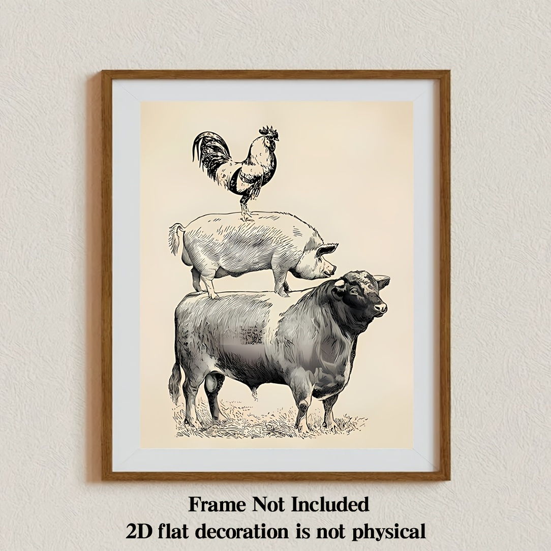 Image of 2d Flat, 2d Flat Wall Decoration Poster No Frame,1pc Farm Poultry Cow Pig Chicken Vintage Poster Print Rustic Farmhouse Wall Art Painting