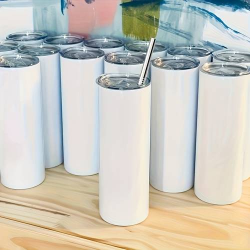 6pcs sublimation tumblers bulk straight skinny tumbler blanks 20oz for heat transfer individual white double wall insulated tumbler with shrink wrap films rubber