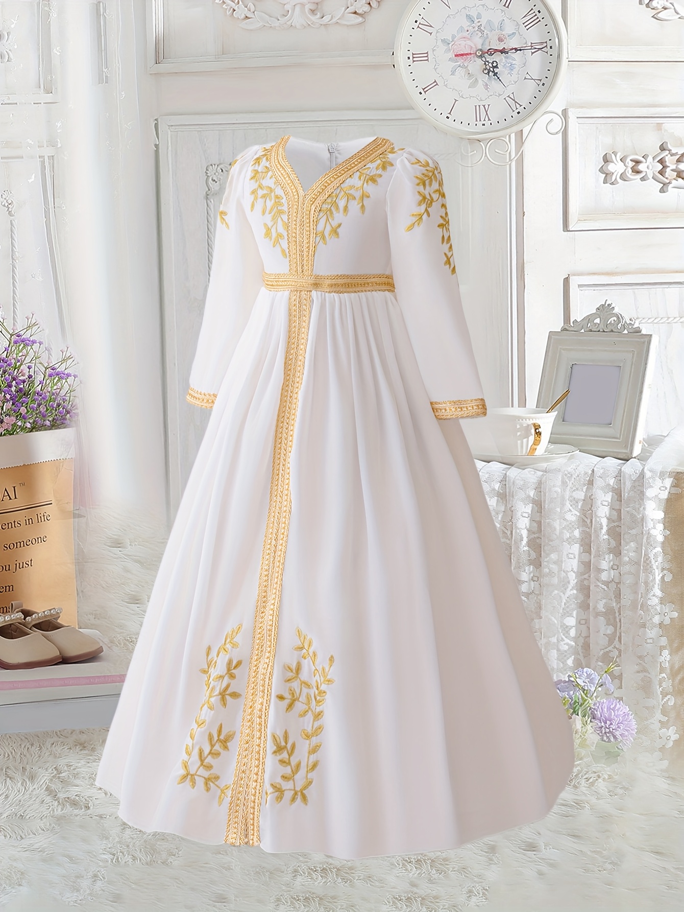white and gold birthday dress Luxury White Floral Embroidered Princess Birthday Dress J830 main image 0