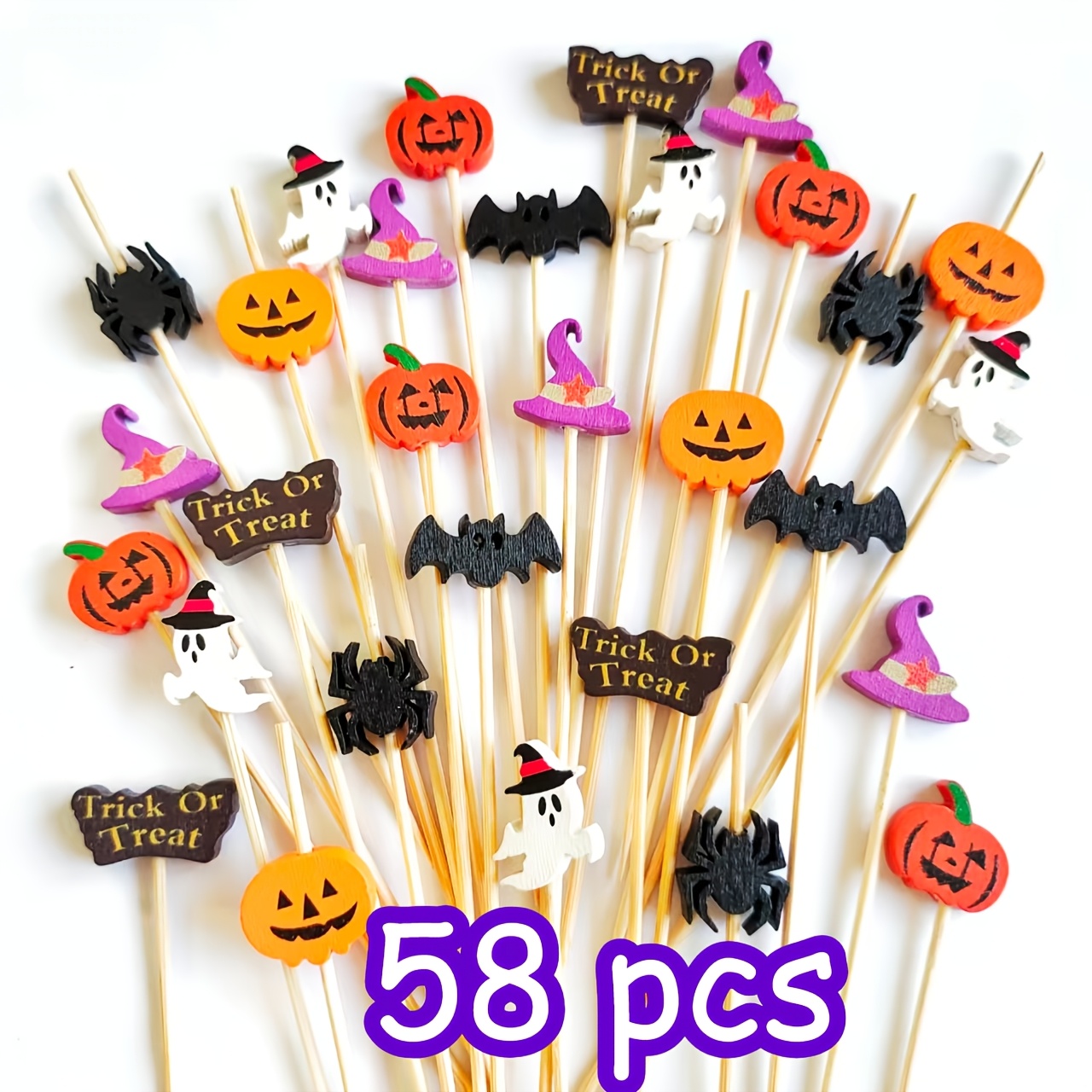 Image of 58pcs Bamboo Fruit Skewers,halloween Picks,cupcake Toppers, Pumpkin Witch Bat Trick Or Treat Cake Picks, Halloween Party Dessert Fruit Decorations, Holiday Table Decor Supplies