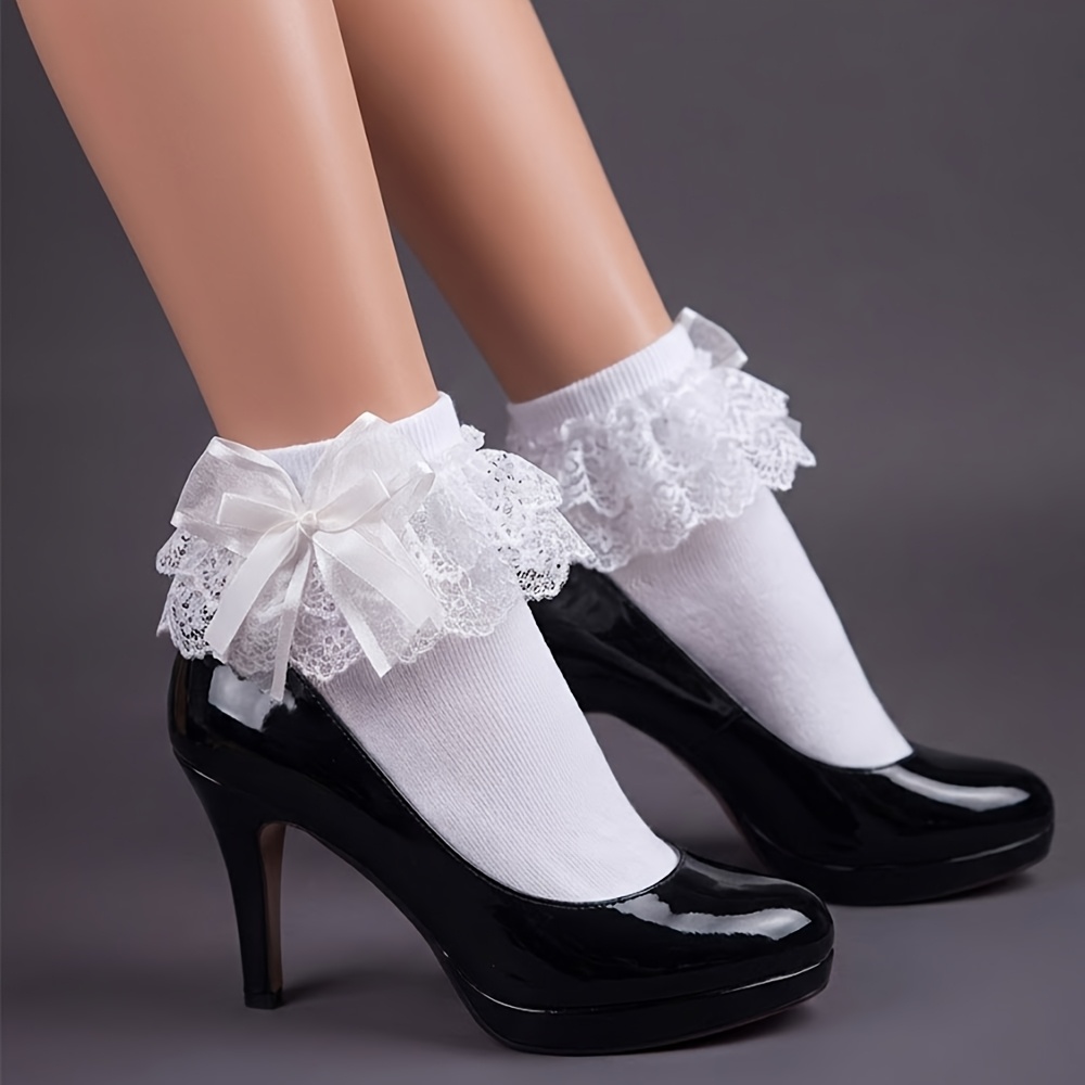 TEMU Chaussettes mi-hautes noires et blanches avec nœud , épaisseur moyenne, adaptées aux saisons de printemps et d'automne, avec 1 paire de larges