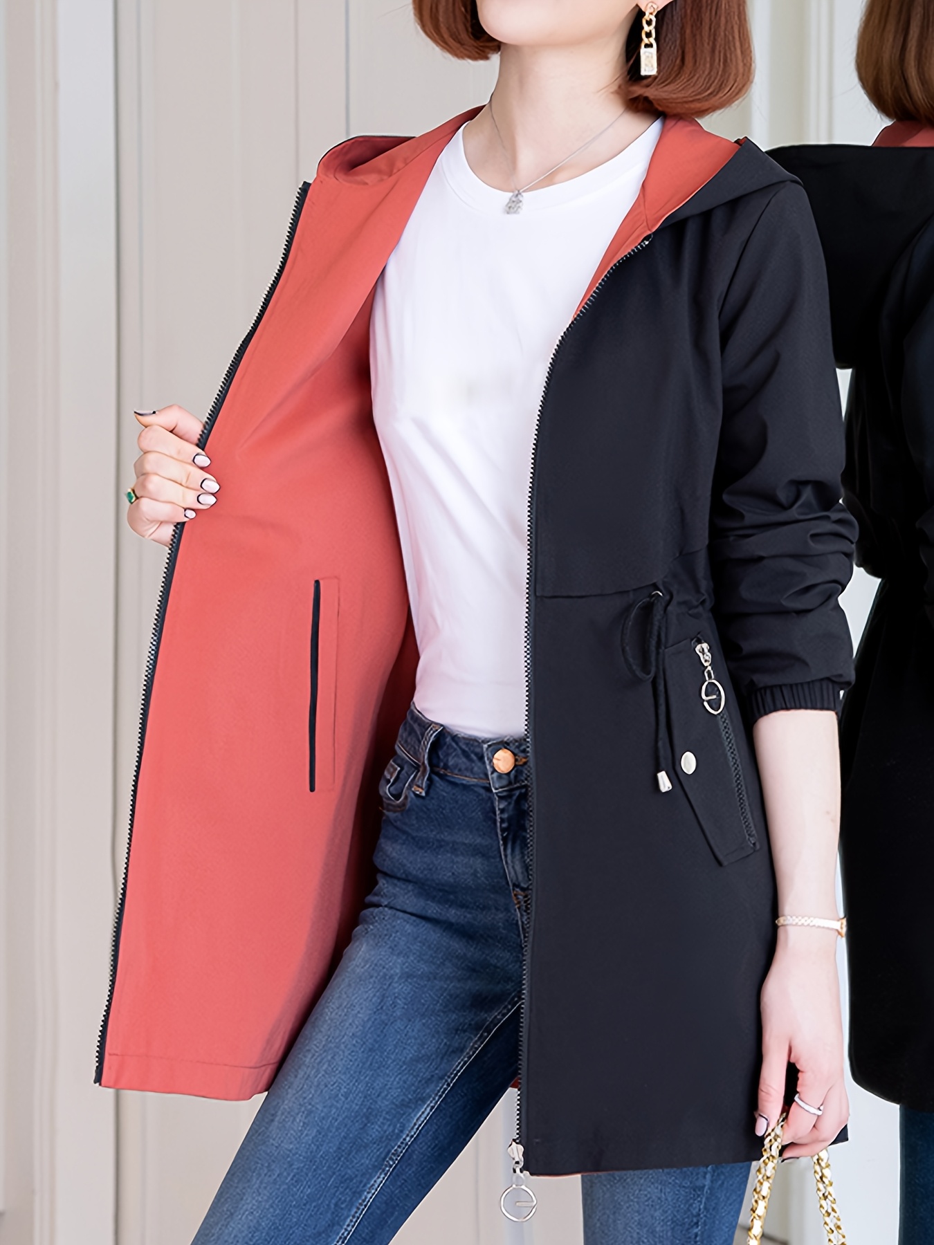 Chaqueta casual de inspiración coreana para mujer, doble cara, midi, con cintura ajustable, cierre de cremallera y forro de contraste, color sólido, abrigo para primavera/otoño, chaqueta rompevientos, atuendo casual, estilo de moda coreana, diseño de cintura entallada - Imagen 9