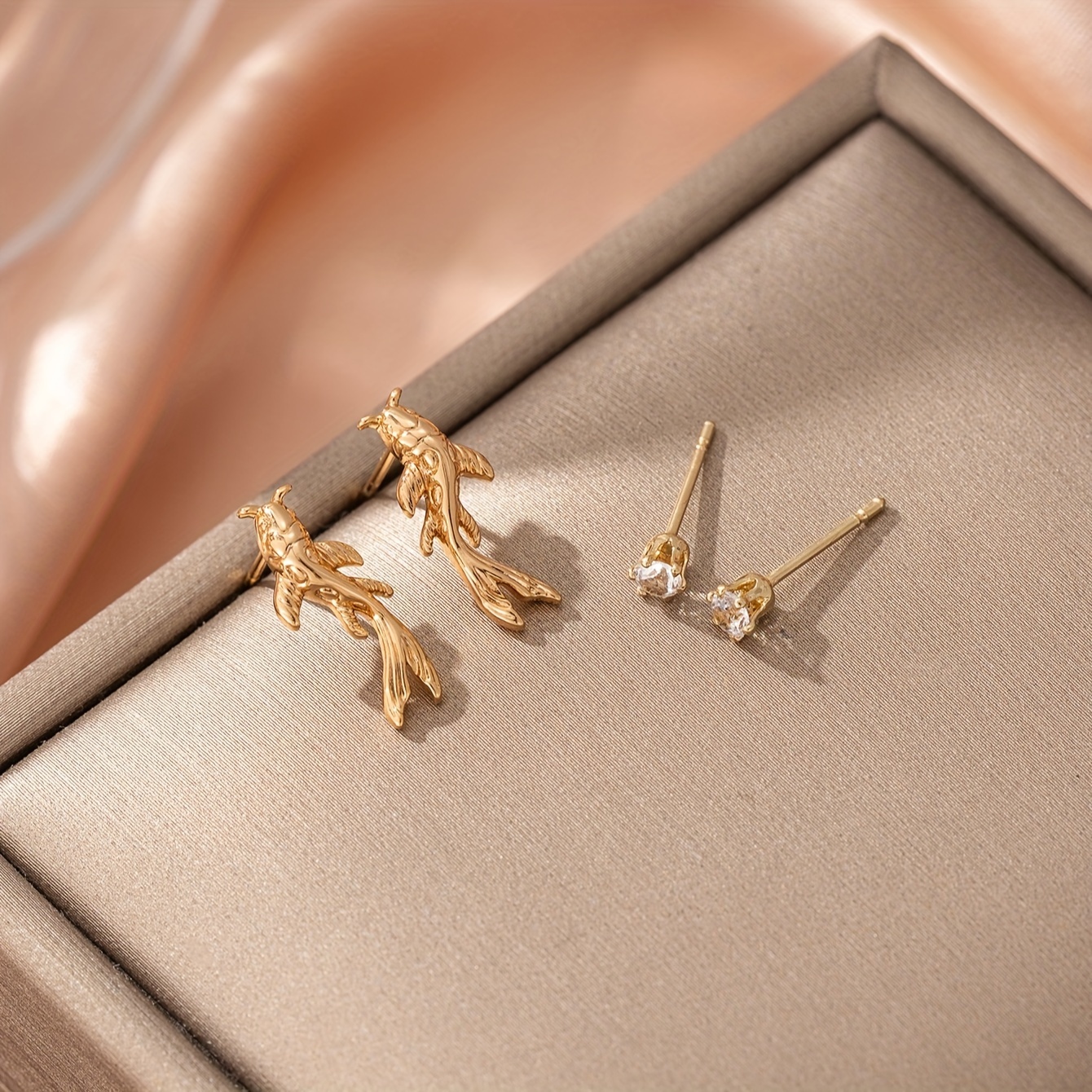 Stylish Mini Golden Fish Stud Earrings with Zirconia