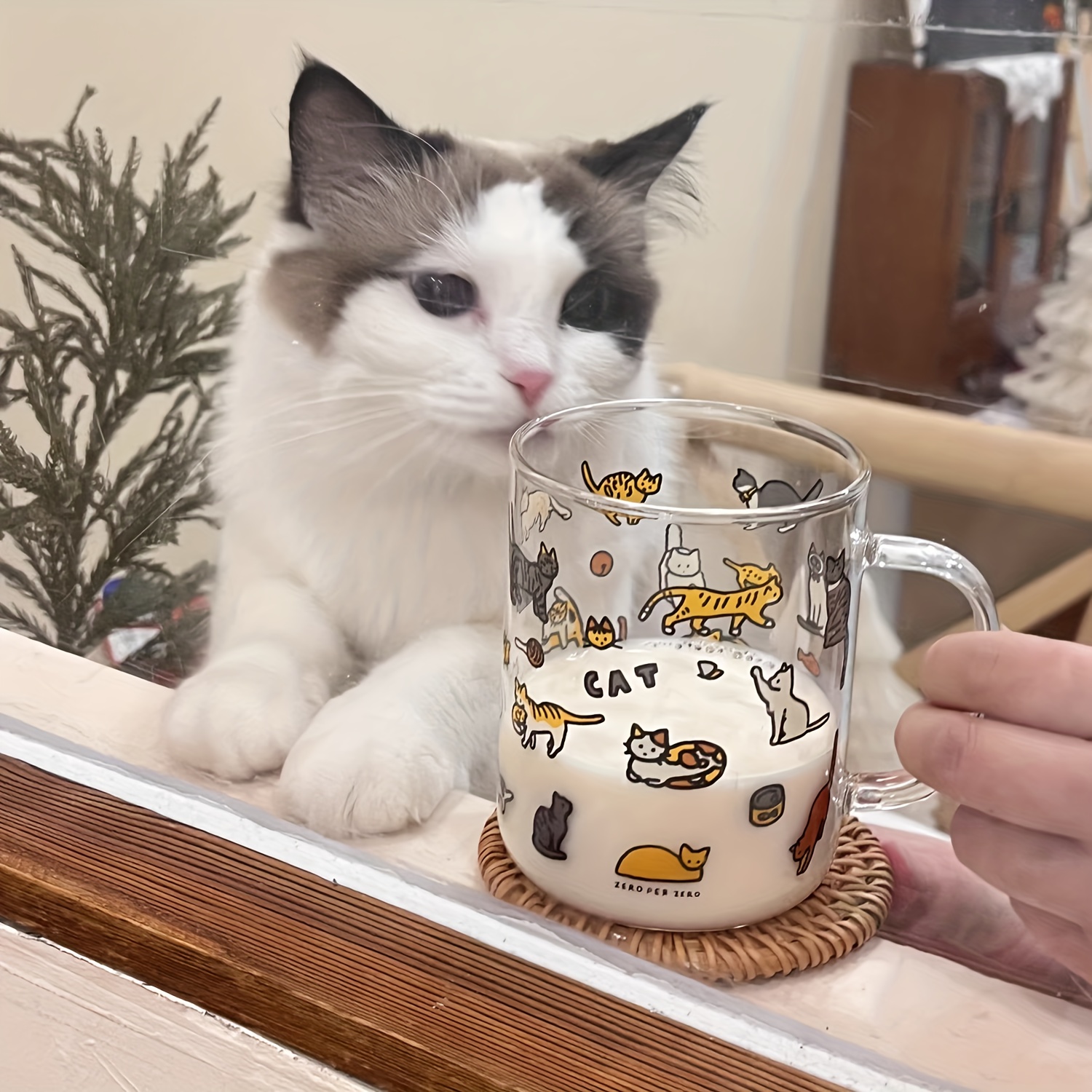 TEMU 【1個】420ml 猫型ガラスカップ、漫画風可愛いペットの子猫用ウォーターボトル、高ホウケイ酸ガラス素材、電子レンジ・オーブン対応、コーヒー、ミルク、ラテ、ジュースの飲用に、友人へのホリデーギフトに
