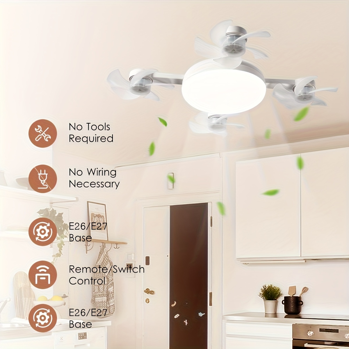 LED Smart Ceiling Fan Light - E27/E26 Screw Port With Remote Control, Adjustable Brightness And 3 Speed Adjustment, Suitable For Bedroom, Living Room, Study, Kitchen And Bathroom - Modern Design, Suitable For All Seasons (2-in-1-3/4/5 Head Fan Light