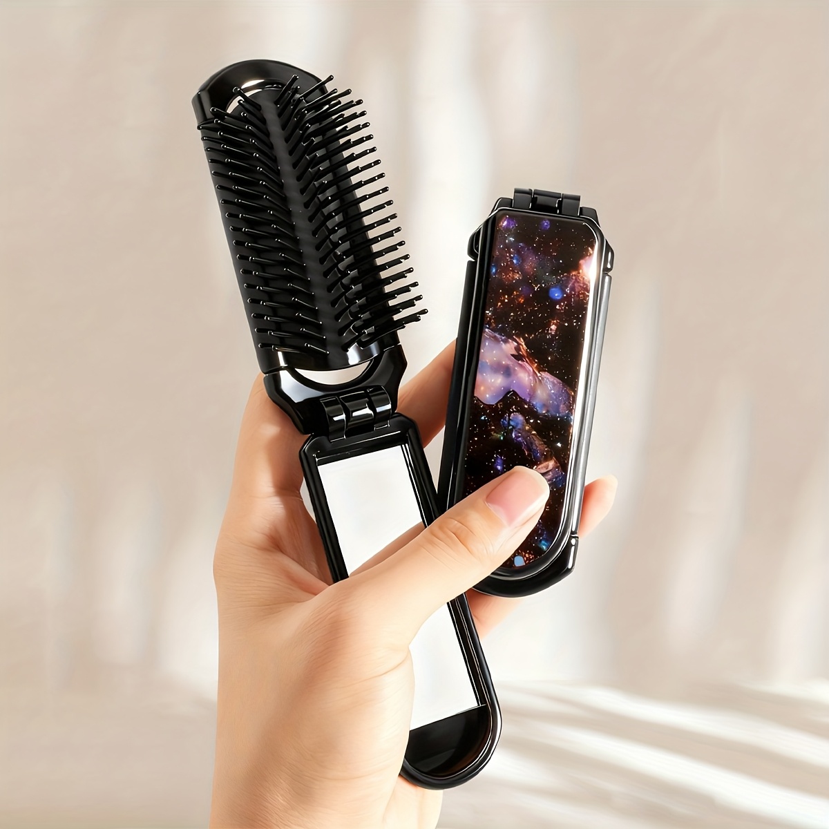 TEMU 1pc Folding Comb With Small Mirror, Hair Brush, Pocket Comb, Travel Comb, Abstract Colorful Flower, Star, Moon, Starry Sky Pattern, Dark Style,
