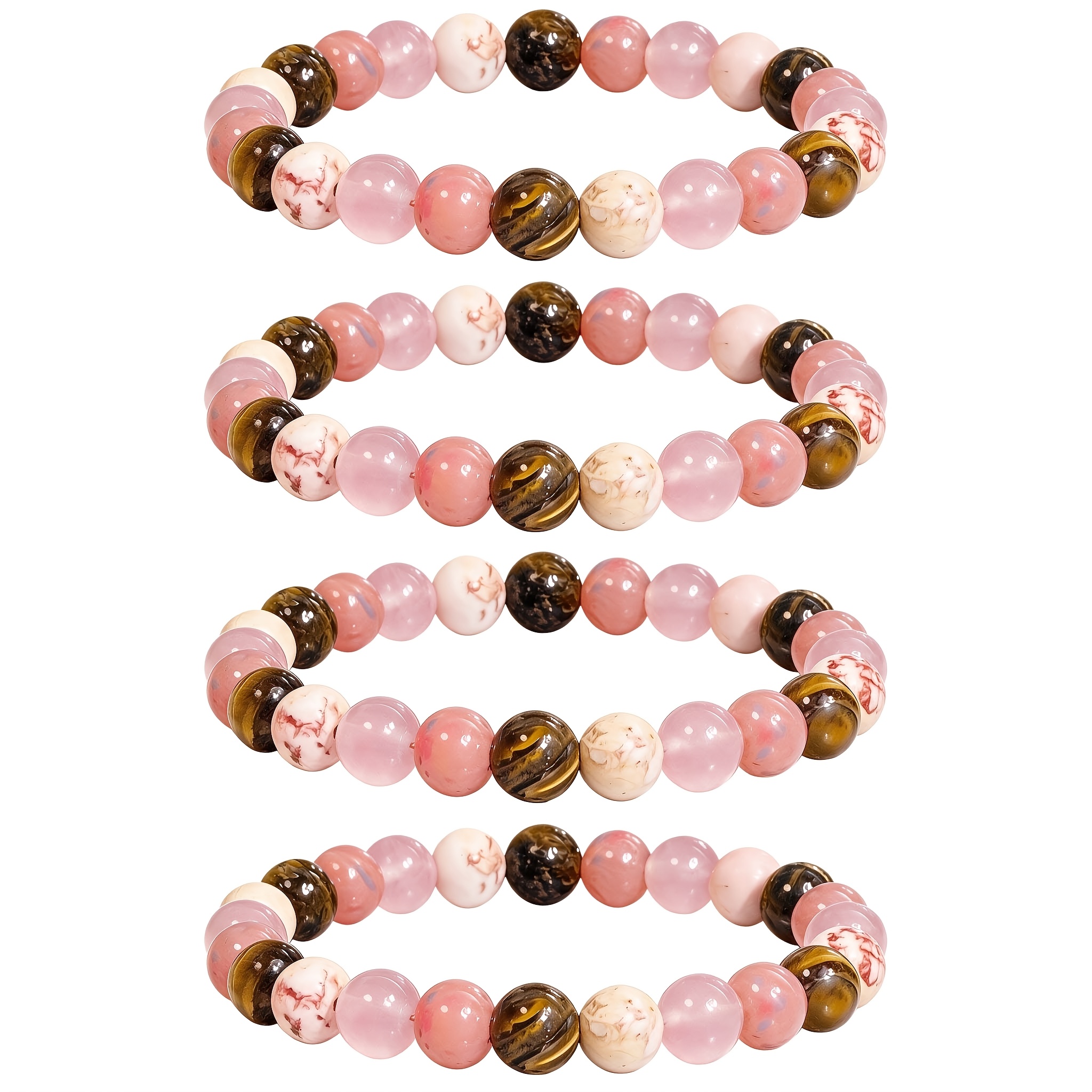 TEMU 4pcs Natural Tiger Eye And Rose Quartz Bead Bracelet Set - Bohemian Style, Casual Wear, Mother's Day/father's Day Gift, High-quality Bead ,