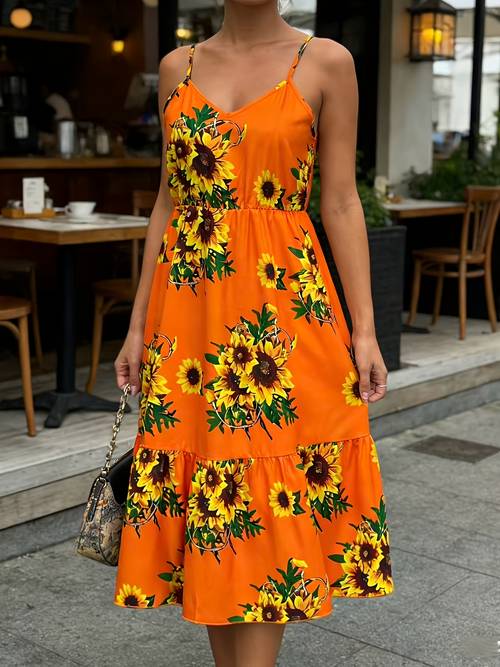summer romantic sunflower print elastic waist vacation dress