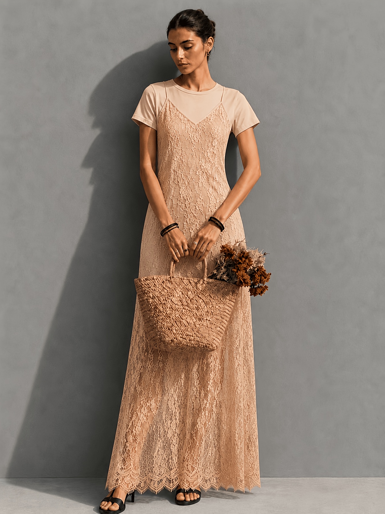 cami dress layering womens lace short sleeve slip dress 2pcs set LowStock:43934925226035