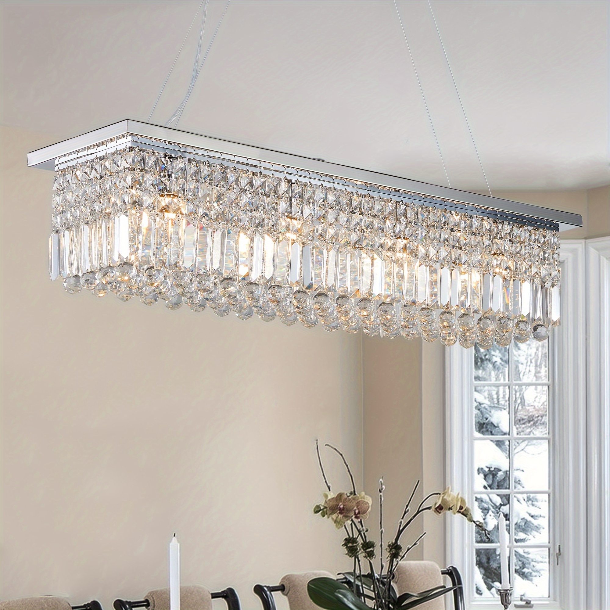 

Modern Crystal Chandelier For Dining -light White Rectangle Raindrop Chandelier Contemporary Rectangular Pendant Light Fixture For Kitchen L39.4'' X W9.8'' X H8.7'