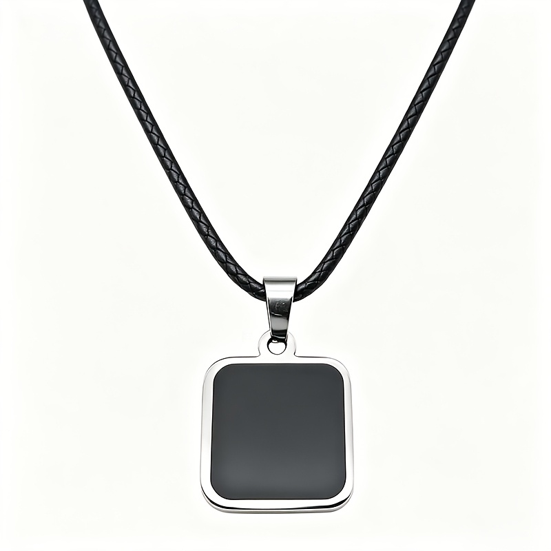 TEMU Collier Pendentif Plaque Carrée Noire Rondie avec Bordure Argentée en Acier Inoxydable, Corde Noire en Similicuir, Style Froid Minimaliste