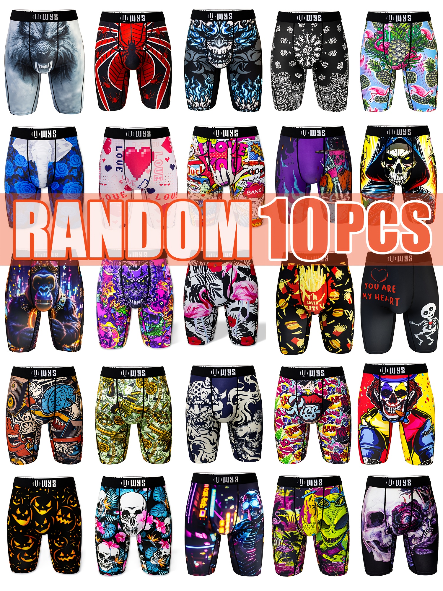 mens underwear random 10pcs long boxer briefs mens long underpants breathable stretch   extended shorts digital 3d print   fashion sports casual pants wr h10 random   set 0