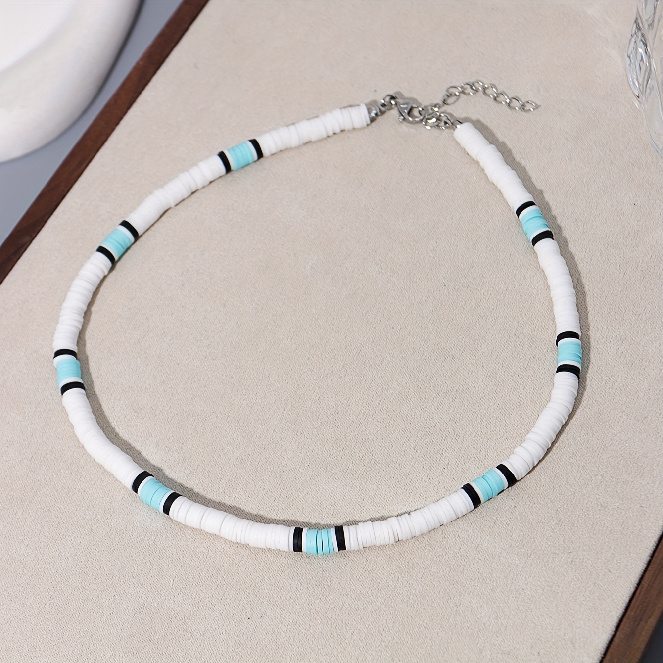 Image of 1pc Of Women's Fashion Necklace, Bohemian Style Black And White Blue Elastic Polymer Clay Chip Necklace, Suitable For Beach Vacation Parties, Suitable For