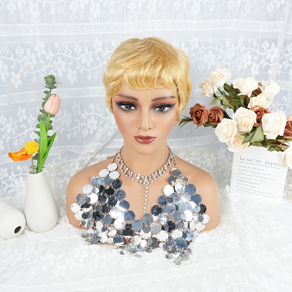 Image of Short Blonde Wig With Curly Bangs For Women, Thin Curly Bangs Human Hair Affordable Layered Golden Wig With Baby Bangs, Great For Instantly Hair Volume, Suitable For And