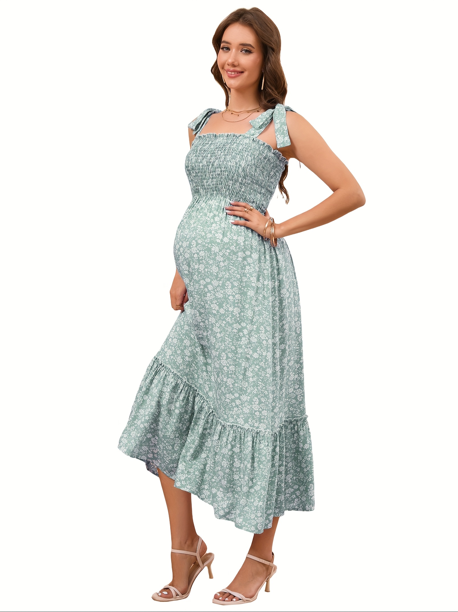 green basic dress Fashion Floral Boho Off-the-shoulder Maternity Dress Holiday Dress – Glamix  Maternity main image 0