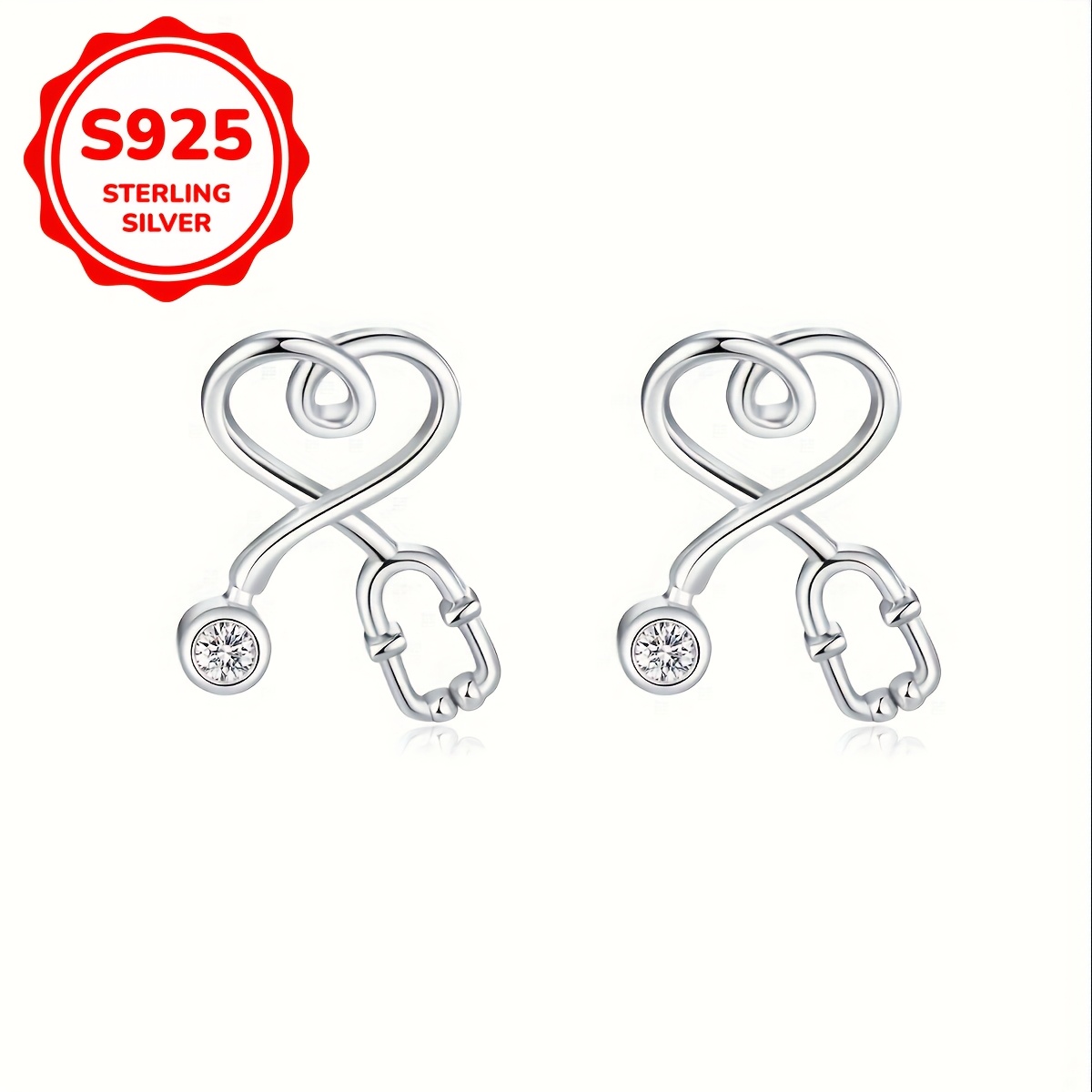 Image of Pure Silvery S925 Lightweight Inlaid White Synthetic Zirconia Stud Earrings For Women, Suitable For Daily And Party Wear 1.3g