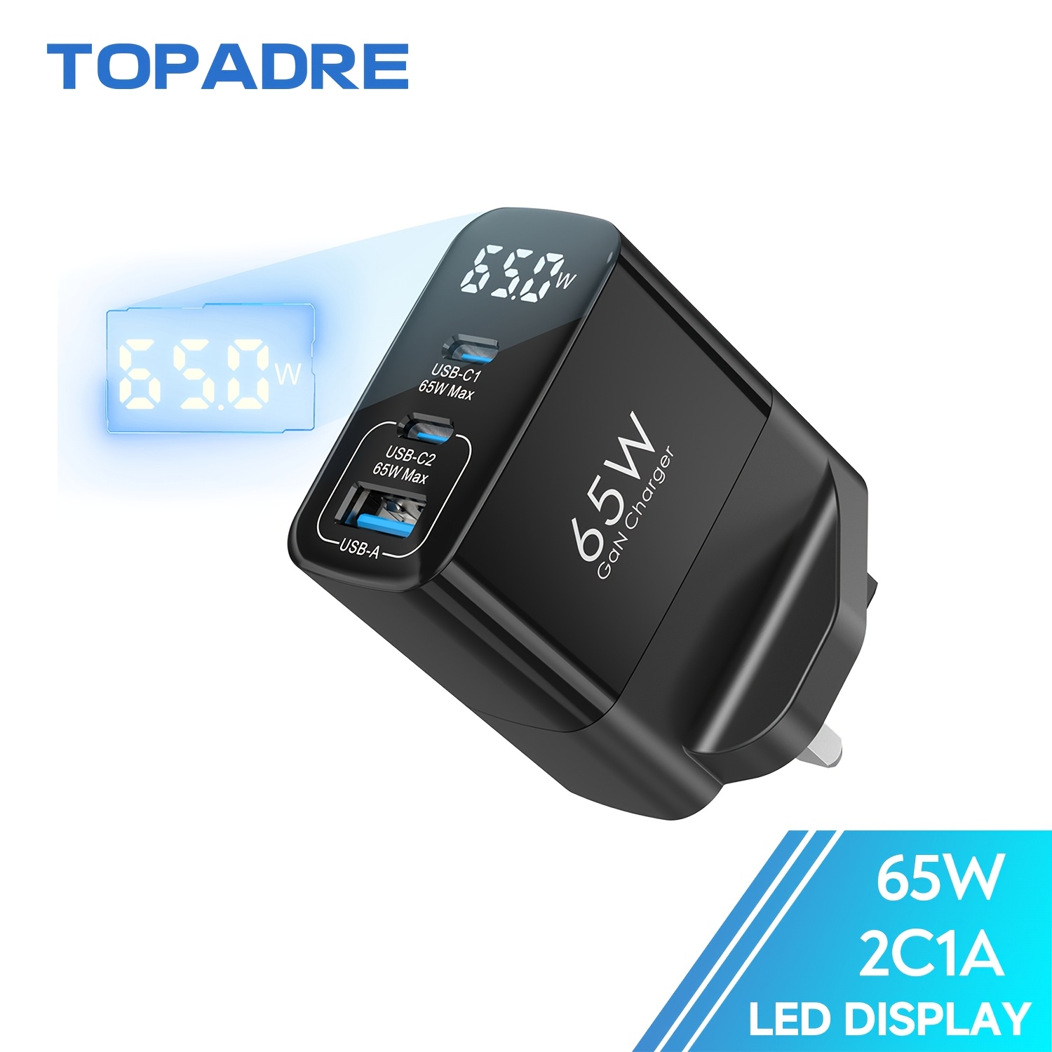 TEMU Gan 65w 3-in-1 Fast Charger With Led Display, For Macbook, For Ipad, For Iphone 17/16/15/14/13/12 Pro Max, For Power Adapter With Uk Plug Travel