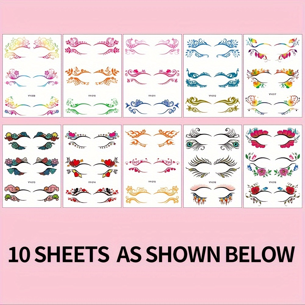 Image of 10pcs Vibrant Waterproof Eyeshadow Tattoo Stickers For Women - Floral And Foliage Designs, Perfect For Valentine's Day, Halloween, Christmas, Stage Shows, And Costume Parties