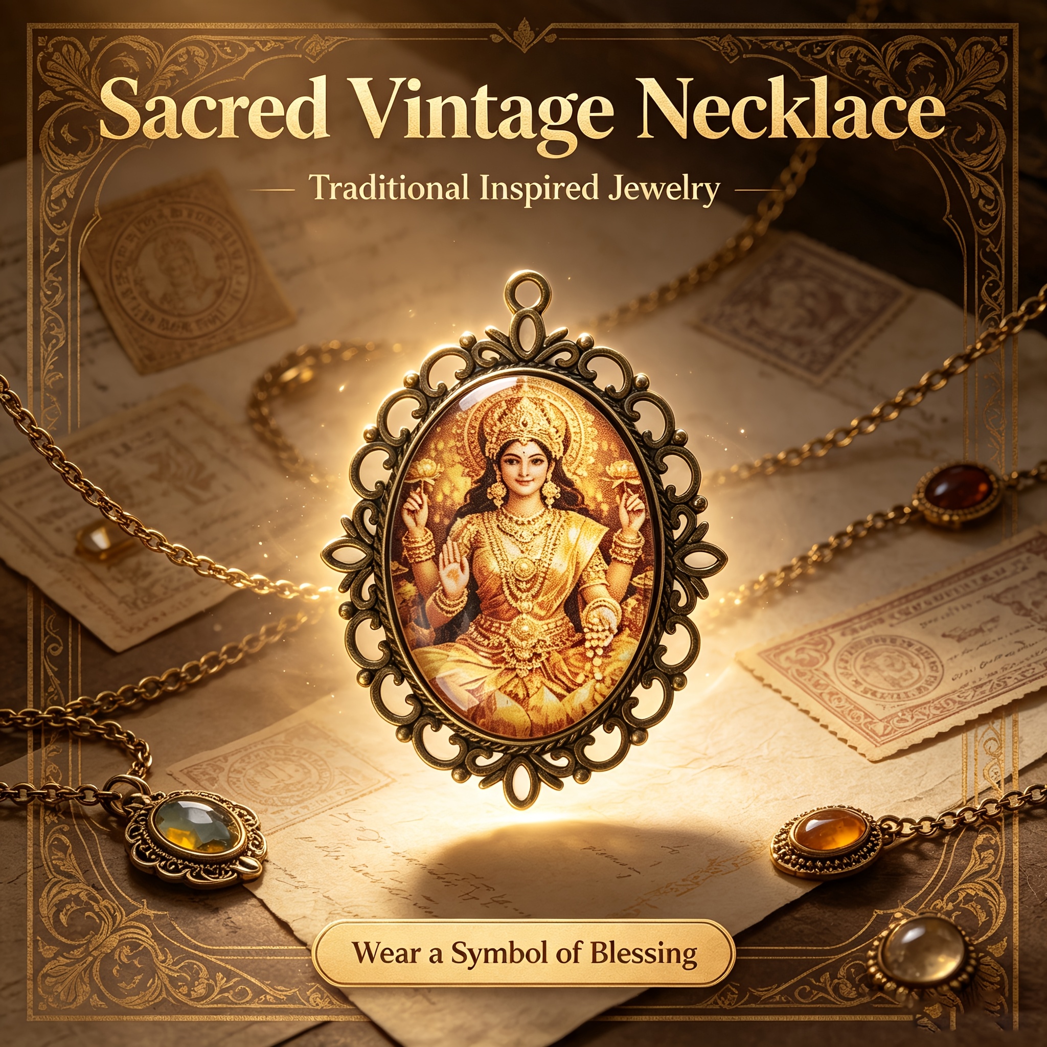 Vintage Hindu Lakshmi Goddess Pendant Necklace