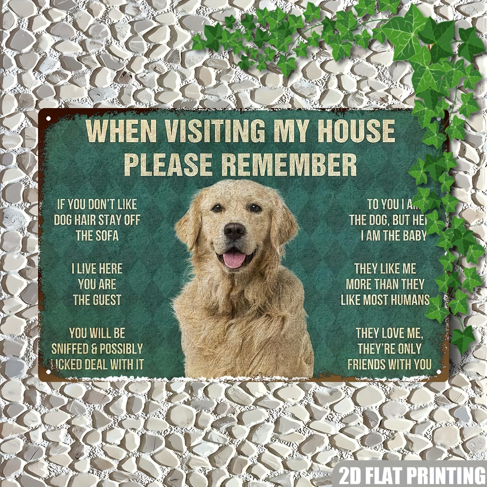 TEMU 2d Flat, 1pc Golden Retriever Dog House Rules Yard Sign - 8x12 Inch Rustic Iron Wall Decor With Humorous Message, Retro Farmhouse Style For