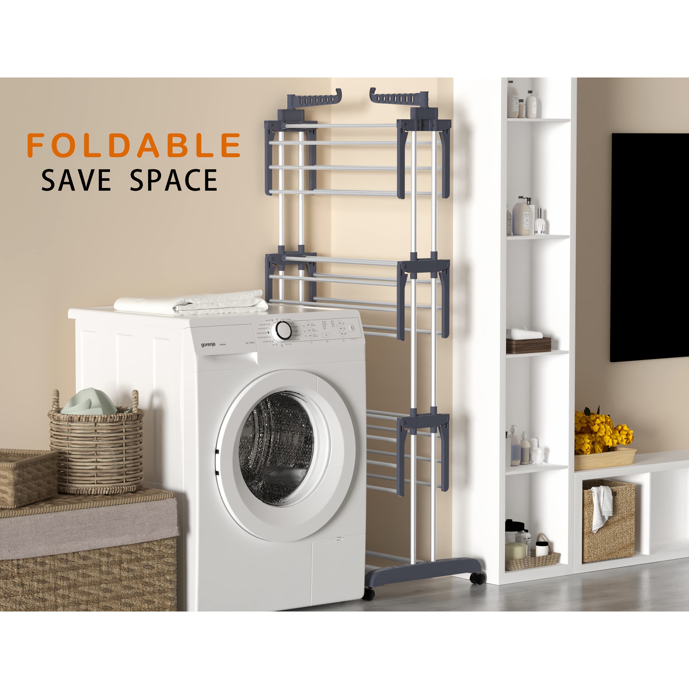 Étendoir à Linge, Grand Étendoir à Linge Pliable en Acier Inoxydable à 4 Niveaux, Étendoir à Linge Mobile, avec 4 Roulettes, 24 Tiges de Séchage et 14 Crochets pour Literie, Vêtements, Gris, Étendoirs