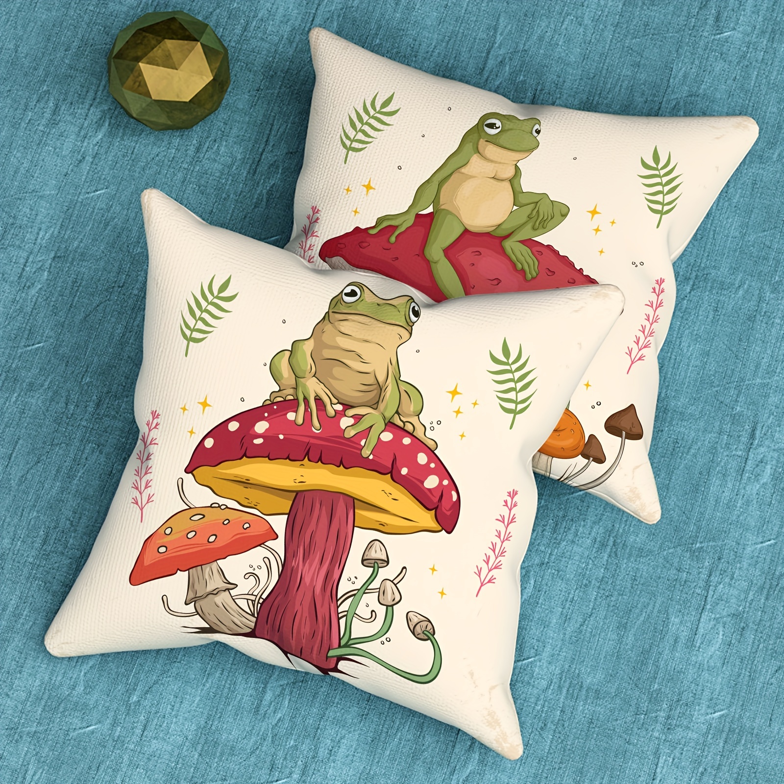 

2pcs Mushroom & Frog Plush Throw Pillow Covers, 18x18 Inch - Zippered, Single-sided Print For Sofa And Bedroom Decor, Machine Washable