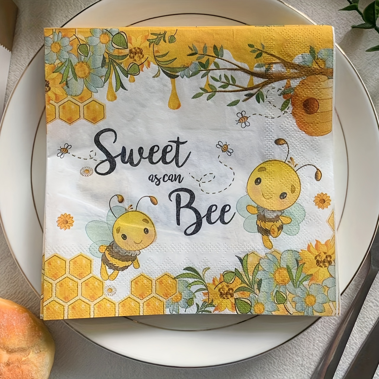 TEMU Bees Paper Napkins 2-ply Disposable Summer Bee Yellow Lunch Napkin Watercolor Floral Dessert Dinner Hand Towels Suitable For Seasonal Wedding