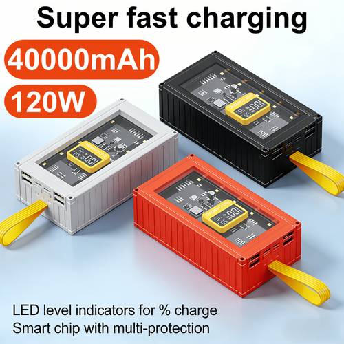 a 40000mah portable power bank with a 120w output featuring fast usb c charging and an lcd display it has dual usb output ports and is compatible like for iphone 16 15 14 13 ipad galaxy