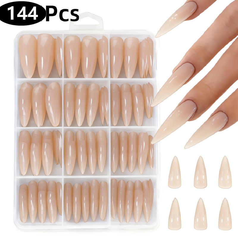 TEMU 144pcs Long Stiletto Teardrop Nail Tips, Light Beige Simple Nude Glossy Fake Nail Set, 12 Sizes For Women' And Party Wear, Simple And Versatile Style, High-end Fashion Pre-made Nails
