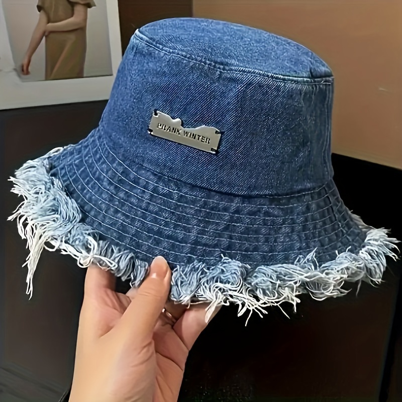 

Women's Lightweight Casual Bucket Hat With Hem, Retro Stylish Design, Distressed Denim, Sunshade Cap For Outdoor