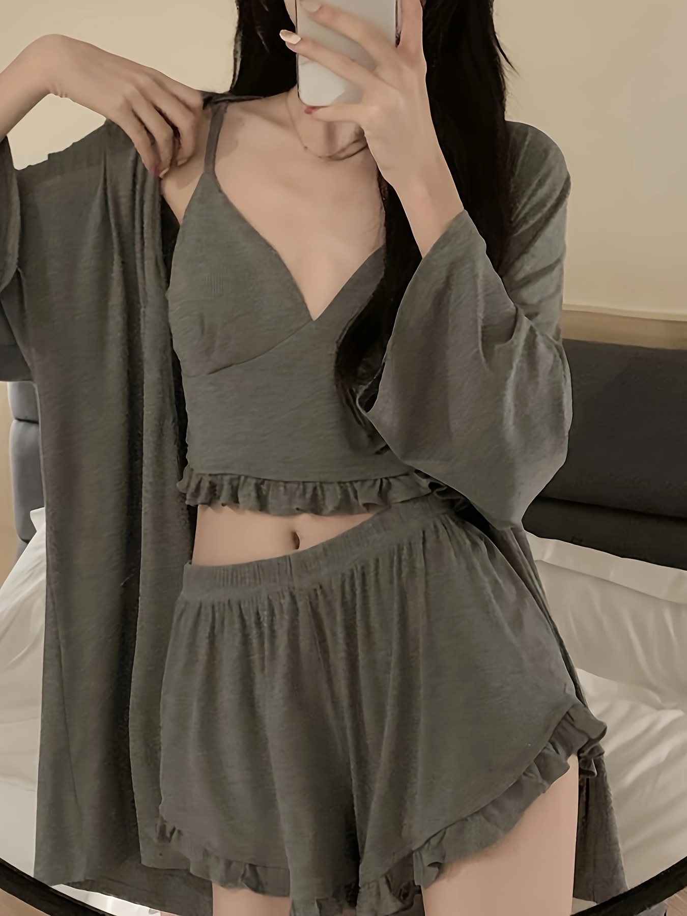 womens summer short sleeve pajamas set with a camisole and chest pads three piece sleepwear ensemble Product details 1
