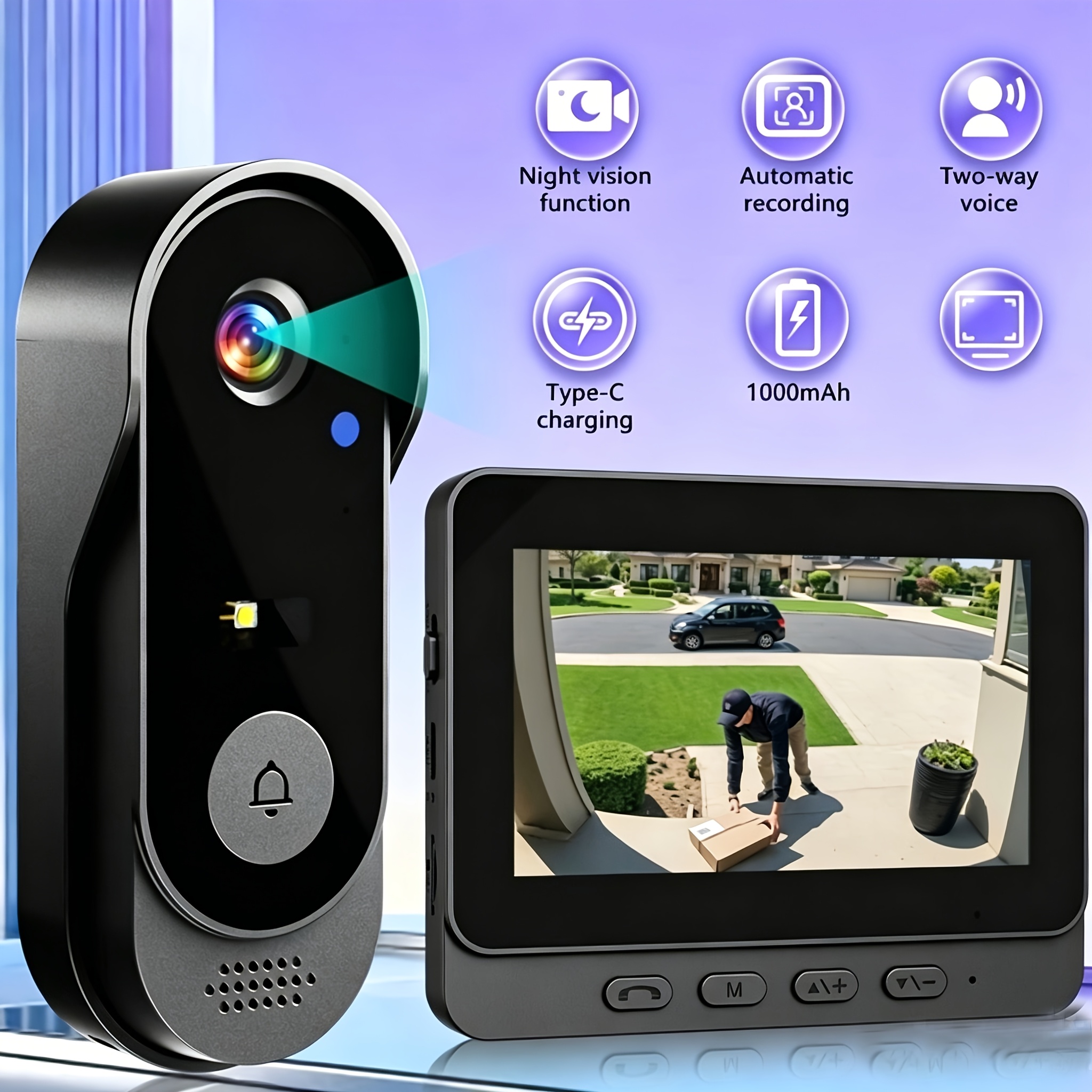 TEMU 1 Set Smart Wireless Video Doorbell, No Wifi, 4.3"display Screen, Sd Monitor, Waterproof, Audio, 2.4g Wireless Connection, 120° Angle, ,